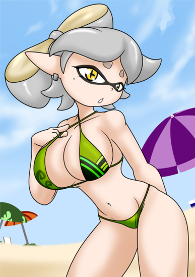 beach bikini female inkling large_breasts looking_at_viewer marie_(splatoon) pale-skinned_female pale_skin splatoon splatoon_(series) squid_sisters sunshine tentacle_hair yellow_eyes