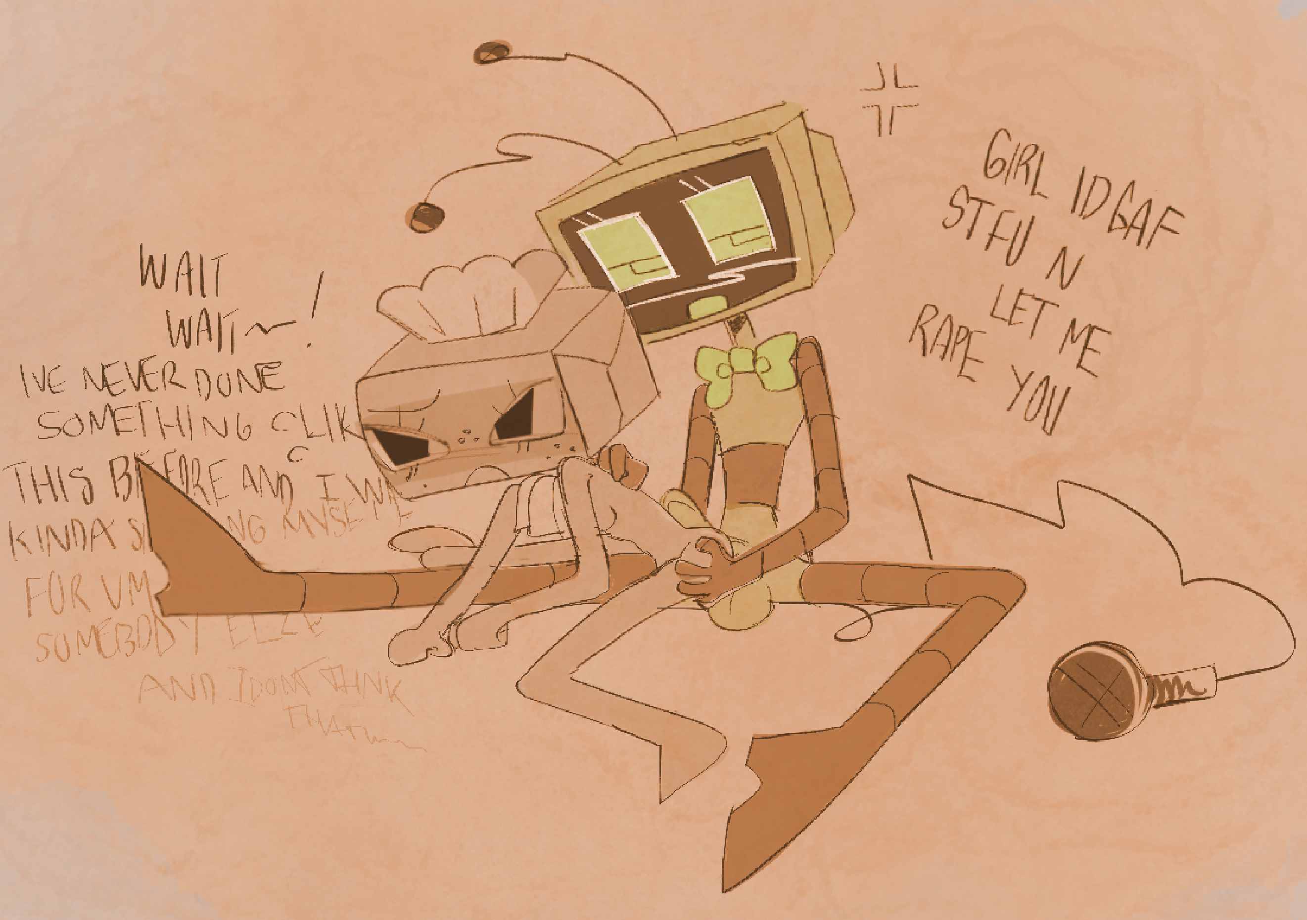 angry, antennae, cartoon, cartoony, dandy's world, female, male, male/female, microphone, niniknox, nonconsensual, rape, roblox, robot, text, tisha (dandy's world), trap, vee (dandy's world)