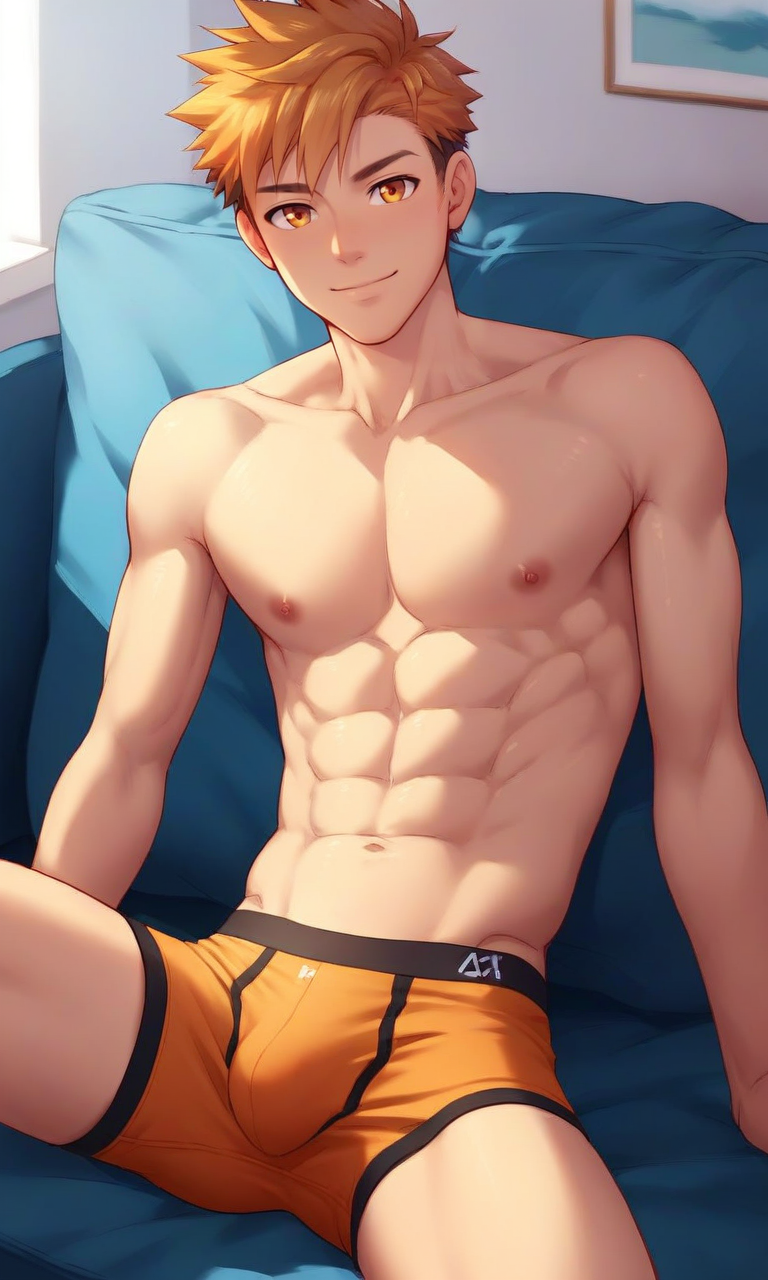 1boy abs ai_generated blush boxer_briefs bsky_link bulge camp_buddy dvxxxgrai gay hiro_akiba male male_underwear navel nipples nude nude_male orange_eyes orange_hair orange_male_underwear orange_underwear pillow pixai pony_diffusion_xl seated smile solo solo_male spread_legs tagme toned toned_body toned_male twitter_link underwear yaoi