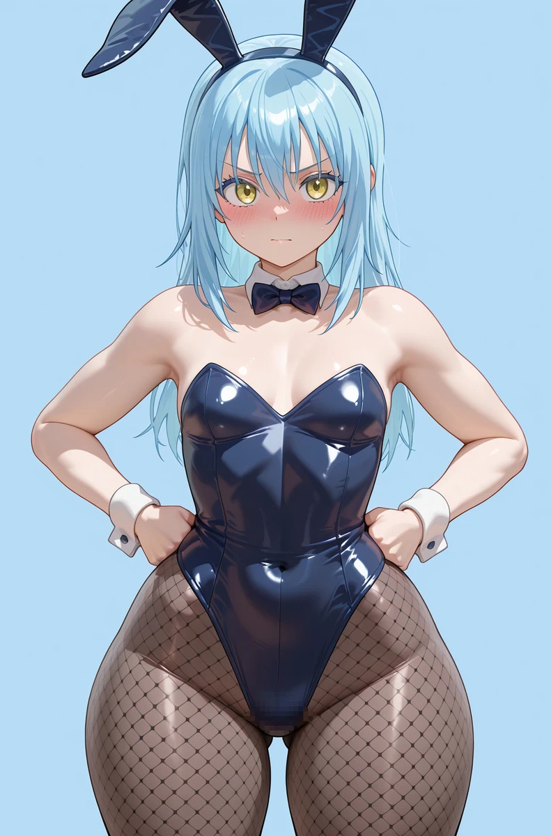 ai_generated angry_expression arfx bare_thighs blue_hair blush bunny_ears bunny_girl bunnysuit embarrassed huge_thighs light-skinned_female light_skin long_hair looking_at_viewer rabbit_ears rimuru_tempest small_breasts solo_female squatting sweat sweatdrop tensei_shitara_slime_datta_ken thick_body thick_female thick_thighs thighs thighs_bigger_than_head voluptuous voluptuous_female yellow_eyes