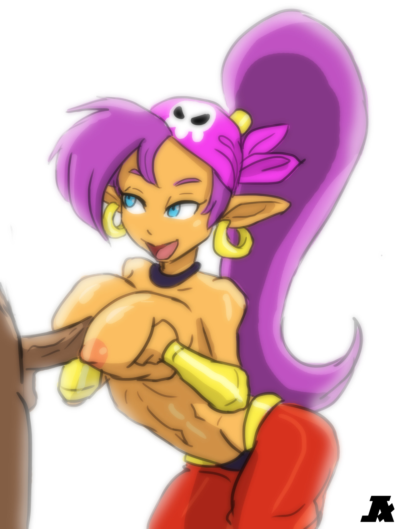 1girls, arabian clothes, bandana, blue eyes, breast hold, breasts, choker, dark skin, dark-skinned male, earrings, female, harem outfit, harem pants, highres, interracial, large breasts, long hair, male, nipples, open mouth, paizuri, perpendicular paizuri, pointy ears, ponytail, pumpkinsinclair, shantae, shantae (character), simple background, skull and crossbones, smile, smooth fur, solo focus, straight, tied hair, topless, unseen male face, vambraces, very long hair, white background