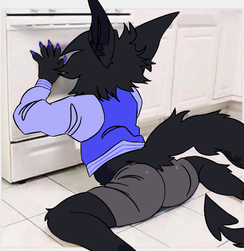 arched_back ass ass_focus black_body black_fur blue_nails booty_shorts claws cropped_jacket demon distracted feline femboy furry furry_only girly kitchen m0m00z on_floor oven perky_ass presenting_hindquarters shorts stove tail varsity_jacket