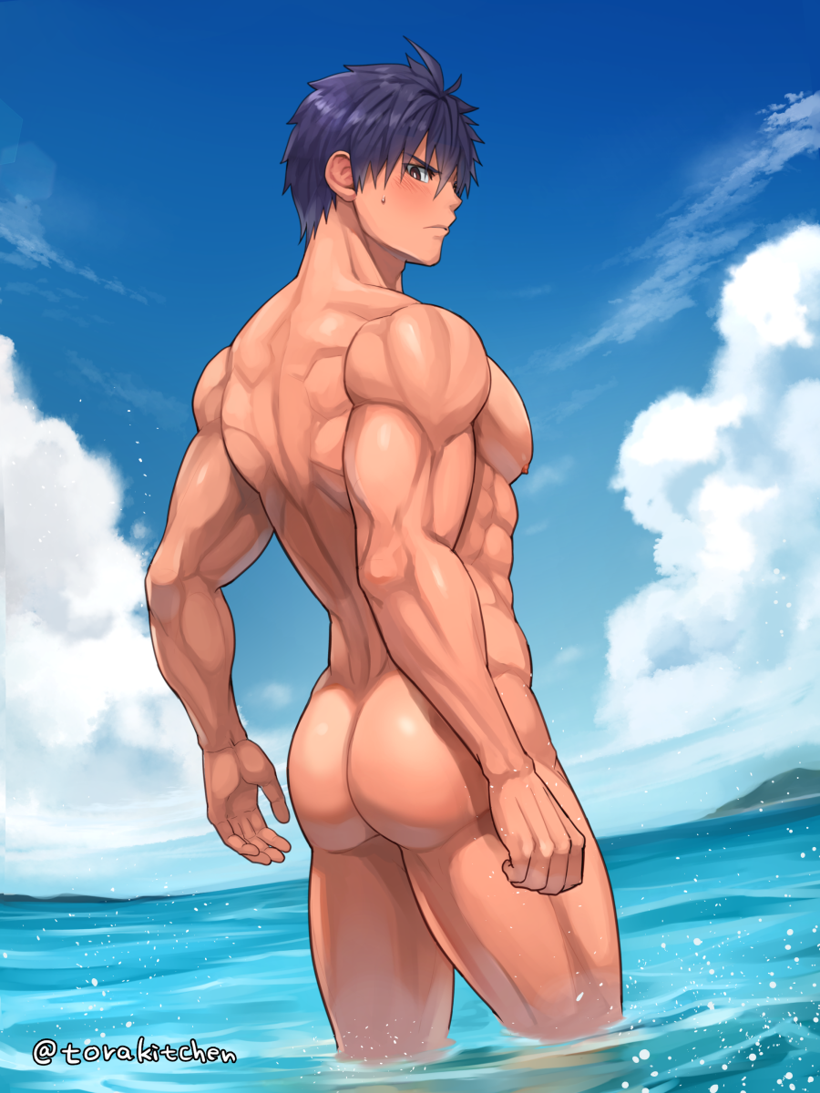 1boy abs ass ass_cleavage ass_focus back_muscles back_view beefy biceps big_ass big_breast blue_hair blush blushing_profusely brown_eyes bubble_butt cloud completely_nude ebitendon embarrassed erect_nipples gay hand_on_leg hi_res looking_at_viewer looking_back male male_breasts male_only manly mature_male muscles muscular muscular_arms muscular_ass muscular_back muscular_legs muscular_male muscular_thighs no_visible_genitalia oppai original original_character outdoors pecs plump_ass sea seaside shallow_water short_hair side_view sideboob six_pack sky solo standing standing_in_water sweat sweatdrop thick_arms tight_ass torakichi_(ebitendon) torakitchen triceps yaoi young