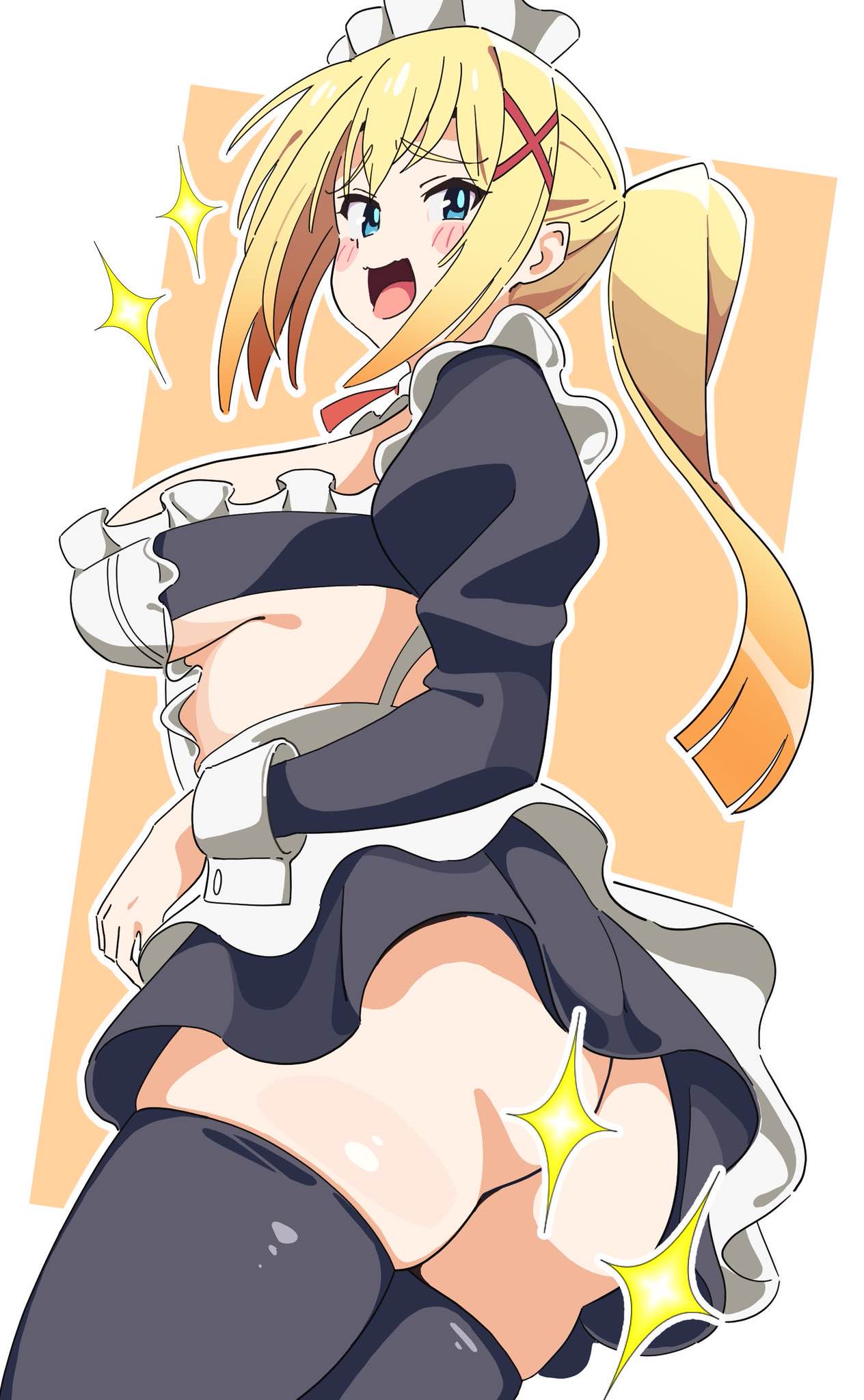 1girls 2020s 2025 blonde_female blonde_hair blue_eyes blush blushing_at_viewer colored darkness_(konosuba) female female_focus female_only kono_subarashii_sekai_ni_shukufuku_wo! large_breasts looking_at_viewer looking_back maid maid_headdress maid_uniform noyama_takenoko sideboob simple_background skirt sparkles thighhighs thighs upskirt