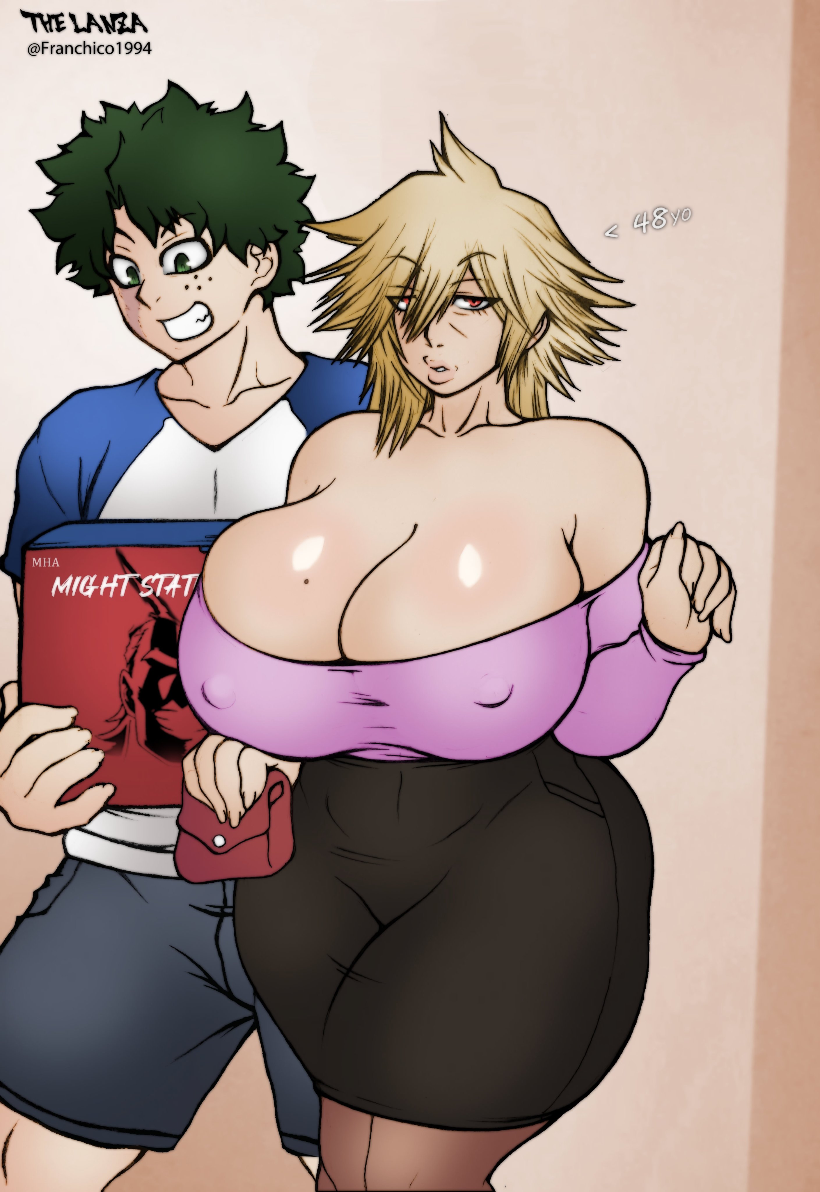 1boy, 1girls, big breasts, blonde hair, breasts, breasts bigger than head, cleavage, cleavage overflow, erect nipples, erect nipples under clothes, female, franchico1994, green eyes, green hair, huge breasts, izuku midoriya, male, milf, mitsuki bakugou, my hero academia, nipples, older female, older female and younger male, pantyhose, spiky hair, thick thighs, wide hips, younger male