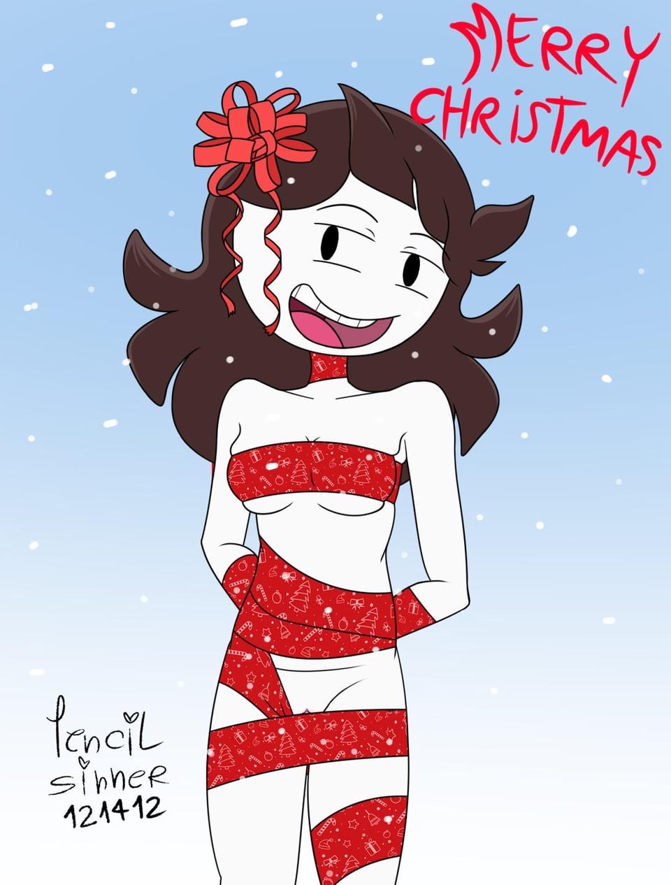 almost_naked brown_hair christmas jaiden jaiden_animations long_hair pencilsinner121412 ribbons tagme teasing text wrappings youtube youtuber