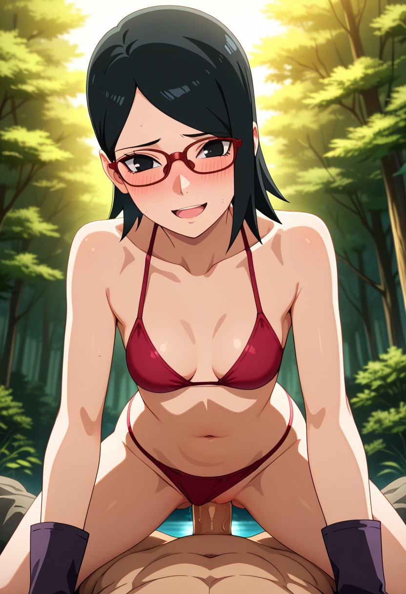 1boy 1girls ai_generated bed bikini bikini_aside black_eyes black_hair blush boruto:_naruto_next_generations breasts clothing cowgirl_position eyewear feet female female_focus forest glasses legs legwear male male_pov naruto navel nipples nude on_top outdoors partial_male penis petite pov red-framed_eyewear riding_penis sarada_uchiha sex short_hair sitting small_breasts smile soles spread_legs straddling straight sweat teenager testicles toes uchiha_sarada uncensored unseen_male_face vagina vaginal_penetration