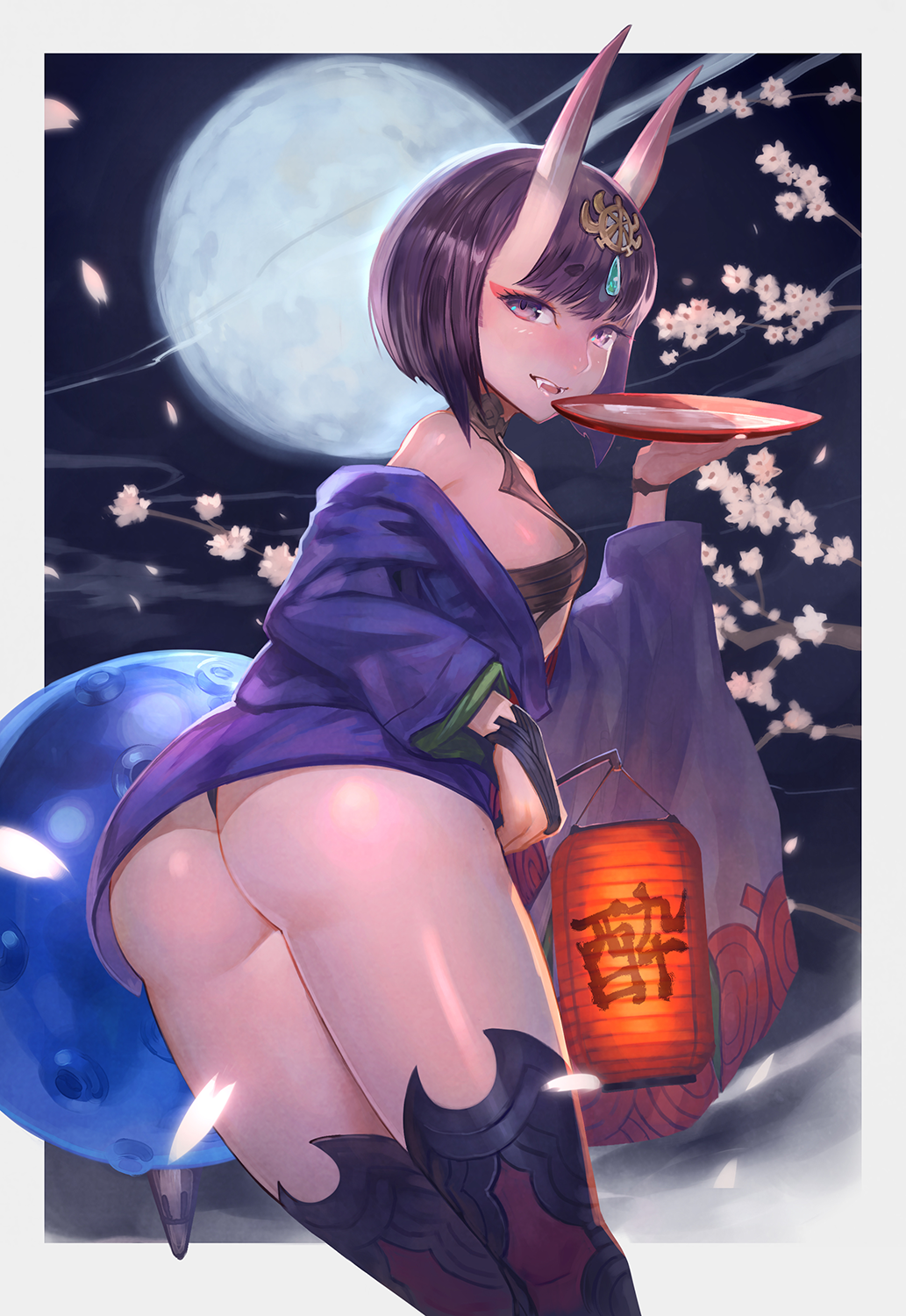 1girls ass black_thighhighs blunt_bangs border breasts cup fate/grand_order fate_(series) female_focus flower full_moon hair_ornament highres horns japanese_clothes lack lantern looking_at_viewer moon oerba_yun_fang oni purple_eyes purple_hair sakazuki short_hair shuten_douji_(fate) skin-covered_horns small_breasts smile solo thighhighs wide_sleeves