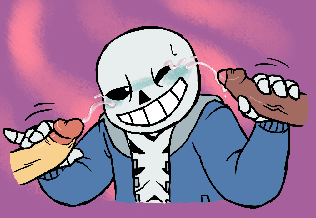 animated_skeleton blush bone cum cum_on_face dark-skinned_male dark_skin disembodied_penis ejaculation gay grabbing_penis light-skinned_male light_skin male meta_request one_eye_closed penis penis_grab sans sans_blush skeleton smile sweat tinybeasts undertale undertale_(series)