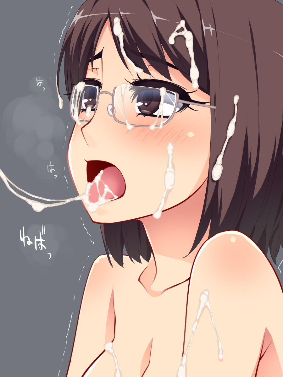 after_fellatio blush body_blush brown_eyes brown_hair cum cum_in_mouth cum_on_glasses cum_on_hair cum_trail d: female glasses hayashi_custom heavy_breathing highres open_mouth short_hair solo tongue trembling