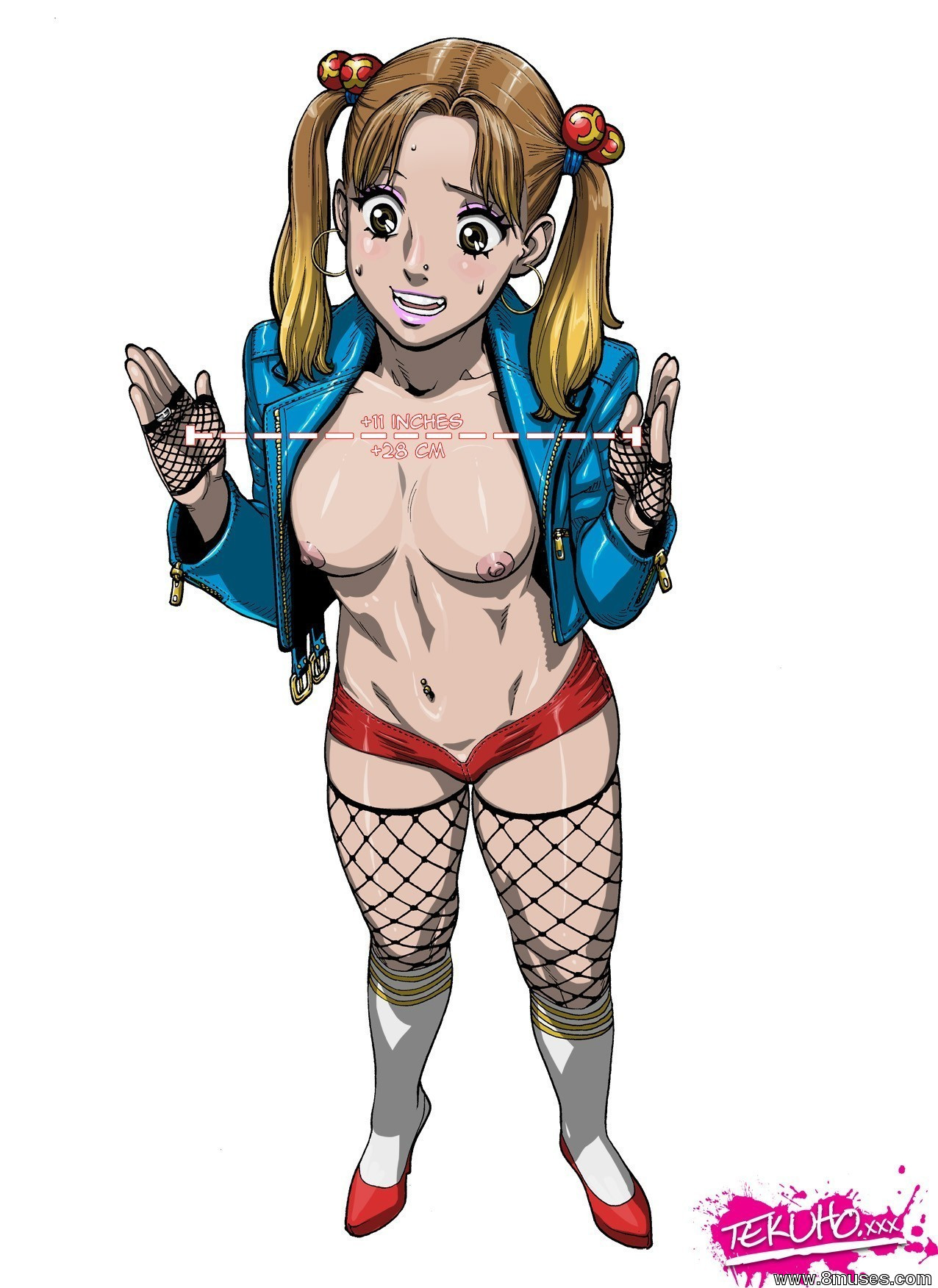 1girls, areola, blue hair, blue jacket, blush, breasts, brown eyes, eyeshadow, female, fishnet stockings, fishnets, full body, high heels, hoop earrings, jacket, lipstick, lisa (tekuho), makeup, male, navel piercing, nipples, no bra, original, penis, penis size requirement, piercing, red shoes, revealing clothes, shorts, size queen, solo, standing, tekuho, thighhighs, tied hair, twintails