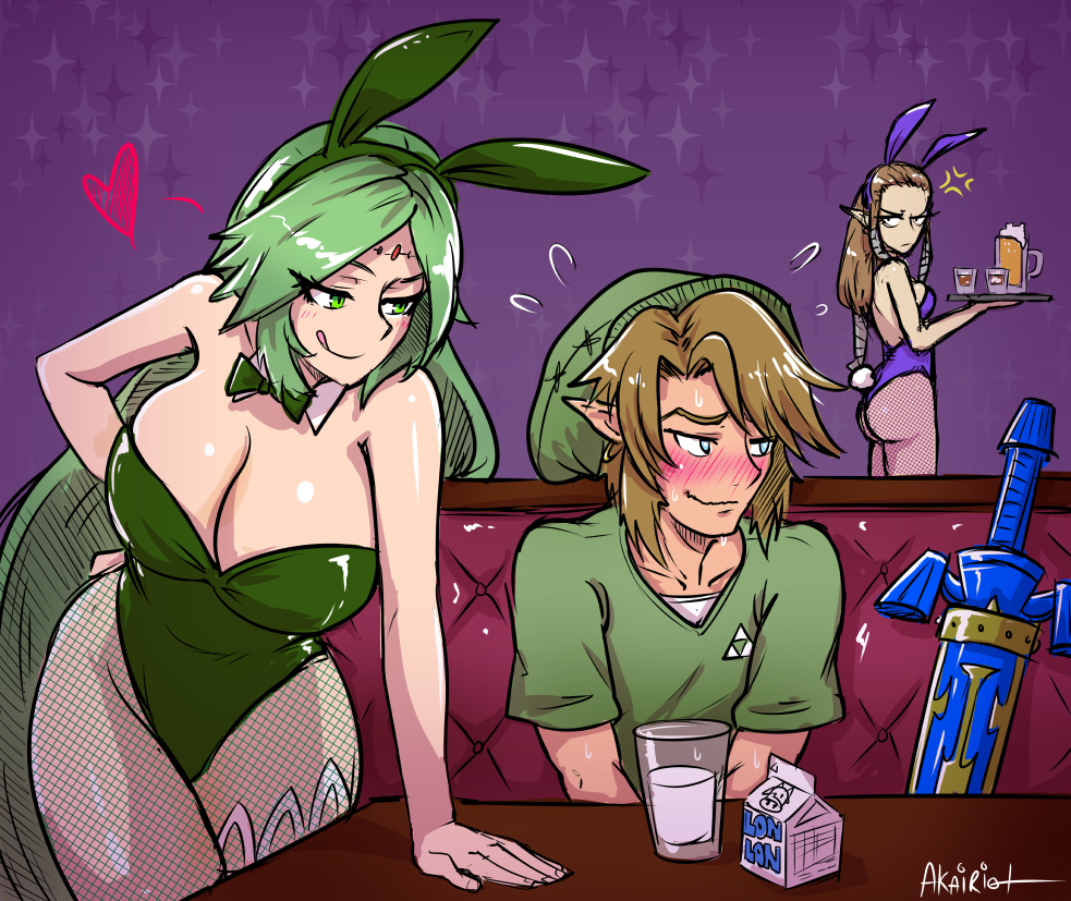 1boy, 2girls, akairiot, angry, blush, breasts, brown hair, bunny ears, bunny girl, bunnysuit, cleavage, female, fully clothed, green eyes, green hair, jealous, kid icarus, large breasts, leotard, licking lips, link, link (twilight princess), long hair, male, milk, naughty face, nintendo, palutena, pantyhose, princess zelda, smile, standing, the legend of zelda, twilight princess, zelda (twilight princess)