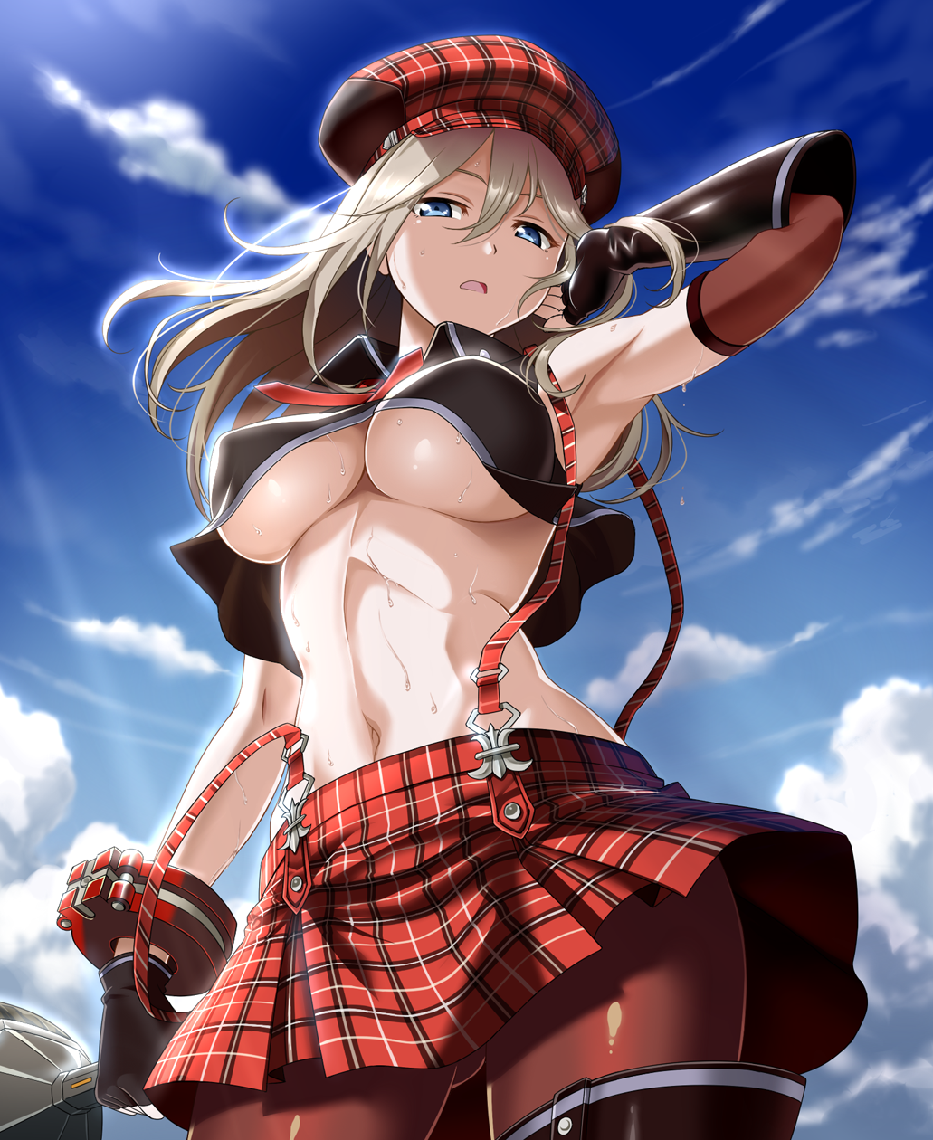 1girls 2015 abs alisa_ilinichina_amiella armpits arms_up black_gloves blonde blonde_hair blue_eye blue_eyes breasts cloud elbow_gloves erect_nipples female female_only fingerless_gloves gloves god_eater god_eater_burst hat high_resolution large_breasts long_hair looking_at_viewer midriff navel nipple_bulge pale-skinned_female pale_skin pantyhose pleated_skirt silver_hair skirt sky solo stomach suspenders sweat taturouxs thighhighs underboob wet young