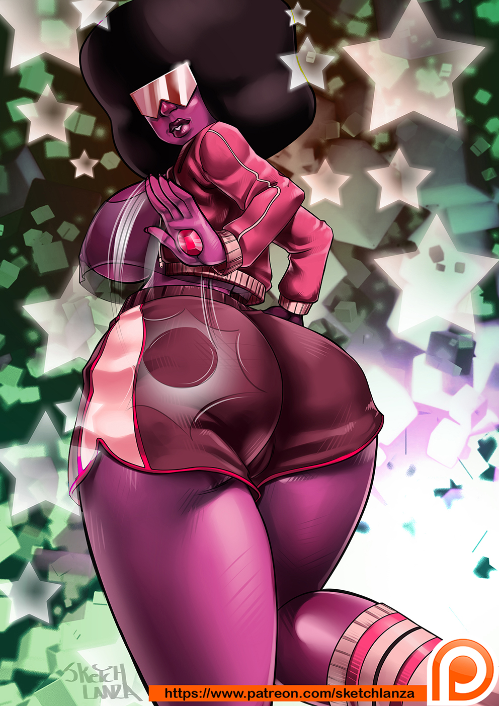 1girls, alternate costume, alternate version available, ass, ass focus, black hair, breasts, cartoon network, female, garnet (steven universe), gem, gem (species), gem fusion, goggles, jewel, large breasts, see-through, sketchlanza, solo, spank, standing, steven universe