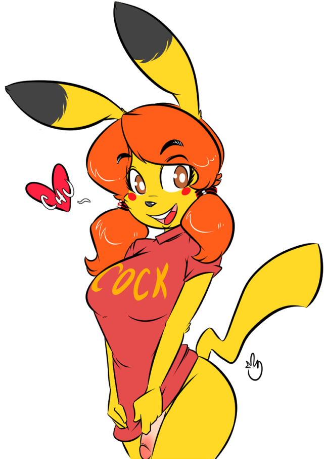 1futa anthro ass bottomless breasts brown_eyes chu_(duckdraw) clothed clothing dialogue dickgirl duckdraw futa'chu futa_focus futa_only futanari hair half-dressed happy heart intersex looking_at_viewer nintendo orange_hair original original_character penis pikachu pokémon_(species) pokemon pokemon_(species) simple_background smile solo standing video_games yellow_skin