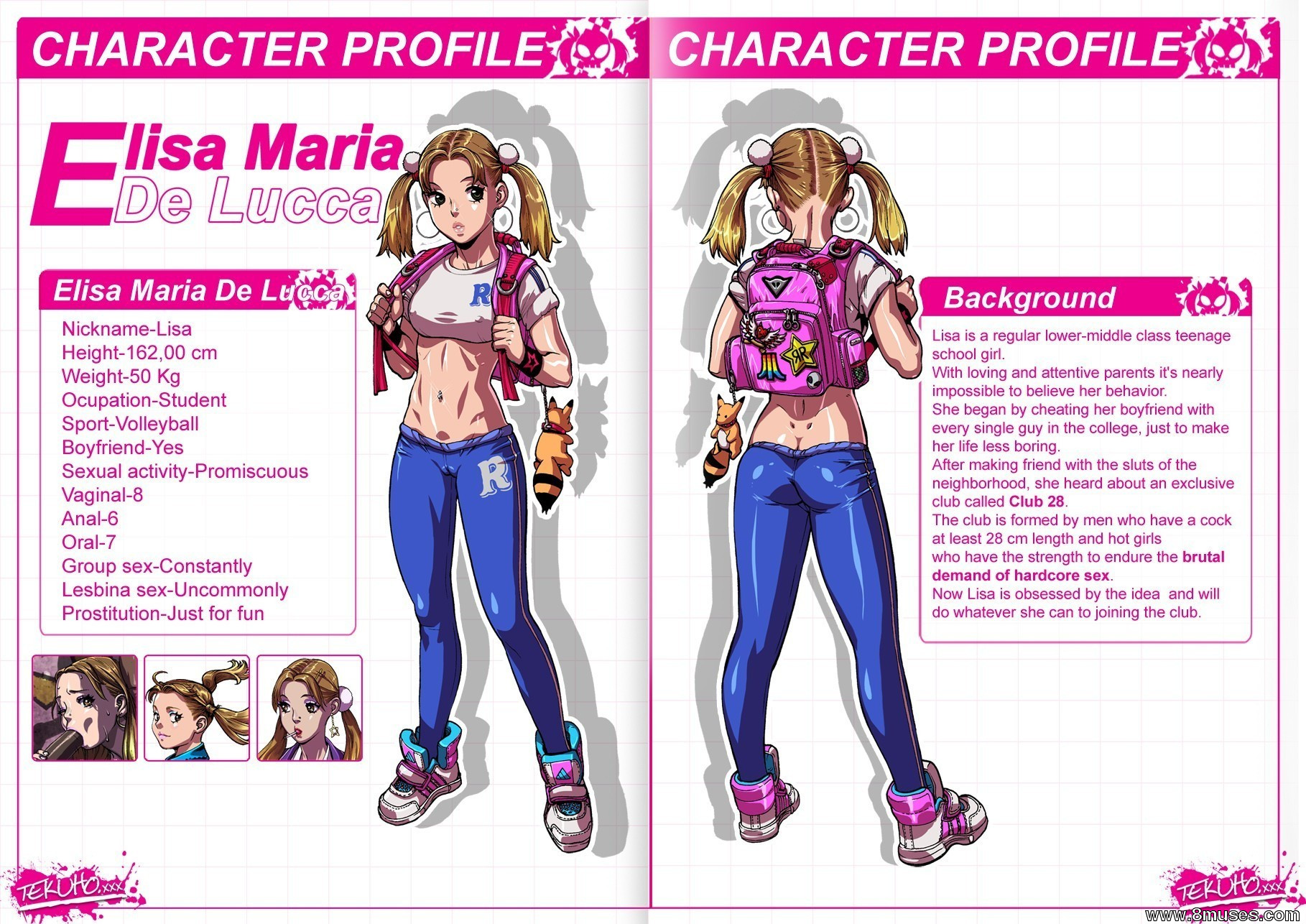 1girls, ass, blonde hair, blue pants, breasts, character profile, covered nipples, elisa maria de lucca, english text, female, full body, hoop earrings, hourglass figure, lisa (tekuho), lowleg, original, profile, solo, standing, tekuho, white shirt
