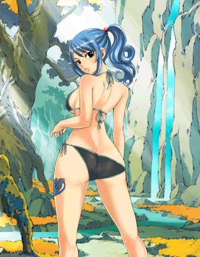 1girls, bikini, blue hair, blue tattoo, blue-haired female, breasts, curvaceous, fairy tail, fairy tail mark, female, female only, juvia lockser, leg tattoo, legs, looking at viewer, looking back, official art, ponytail, river, side-tie bikini, sideboob, solo, swimsuit, tattoo, tattoo on leg, tattoo on legs, tattooed leg, tied hair, tree, undressing, water, waterfall