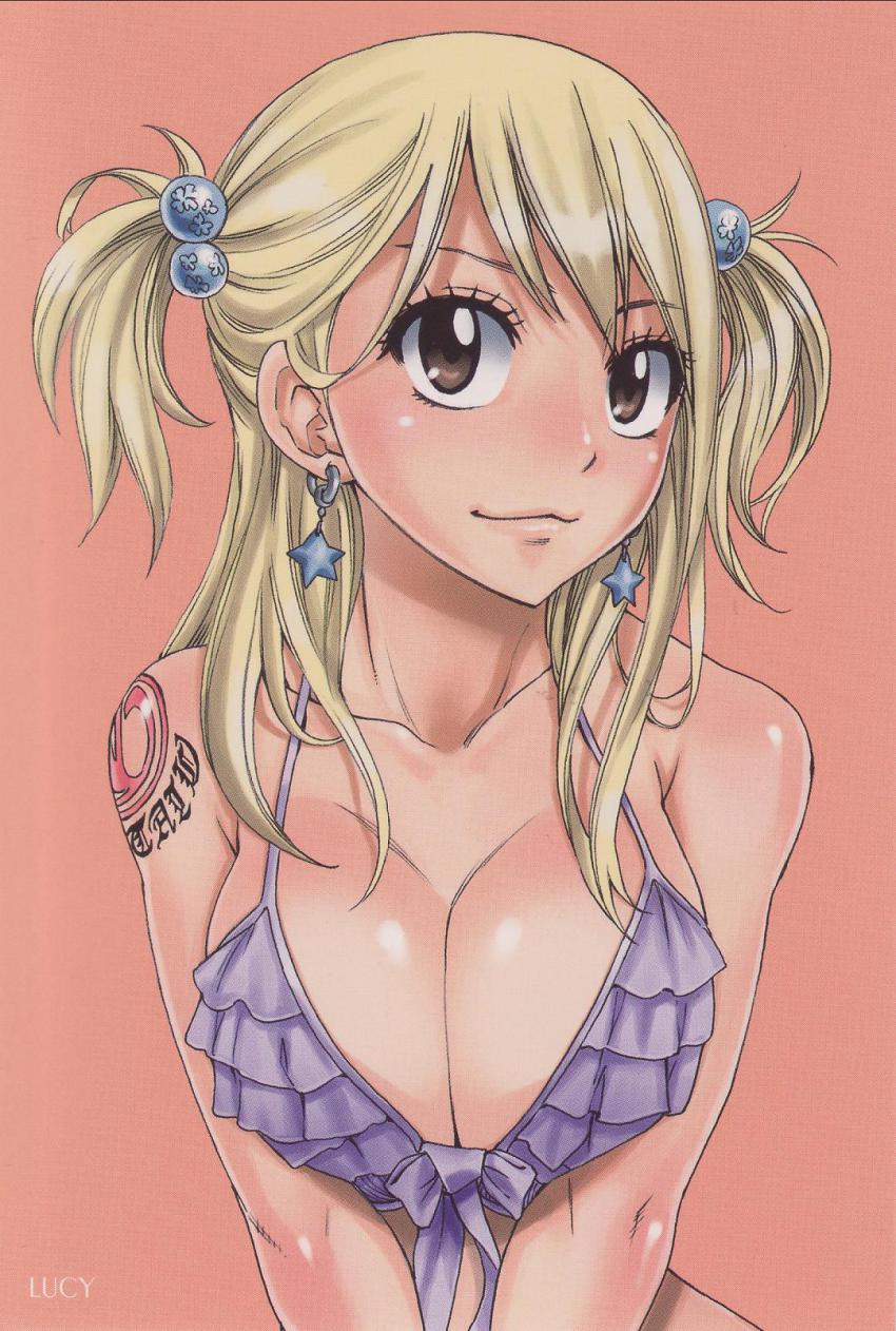 cleavage, earrings, fairy tail, female, lucy heartfilia, pointy chin, solo, tattoo