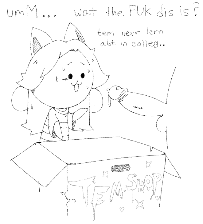 :3, 1boy, 1girls, balls, canine, cardboard box, clothing, confused, confusion, dialogue, duo, english text, exed eyes, faceless male, female, human, imminent sex, male, mammal, nude, open mouth, penis, precum, shirt, straight, sweat, temmie, temmie (undertale), text, undertale, undertale (series)
