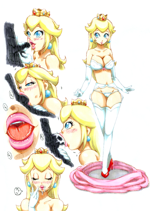 1boy 1girls blonde_hair blue_eyes blush crown earrings elbow_gloves fellatio female female_focus gloves hair high_heels lips male mario_(series) masani_deisui multiple_views nintendo oral penis princess_peach shoes simple_background standing testicles thighhighs tongue unseen_male_face white_background