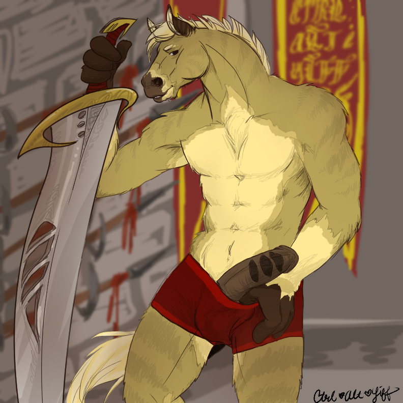 1boy abs animal_genitalia anthro boxer_briefs boxers ctrl_alt_yiff equine erection front_view furry half-dressed horse horsecock looking_at_viewer male male_only mammal melee_weapon navel penis presenting solo sword topless underwear weapon