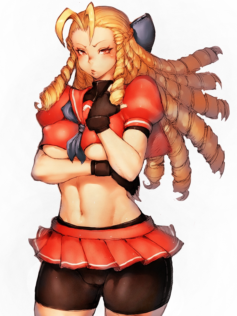 bike shorts, blonde hair, breasts, cameltoe, capcom, drill hair, female, female only, fingerless gloves, fumio (rsqkr), gloves, hair ribbon, human, karin kanzuki, long hair, navel, pussy, ribbon, shorts, skirt, solo, spats, standing, street fighter, underboob