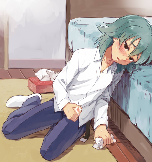 1boy aqua_hair blush censored cum cum_on_body erection femboy fffx61989 girly inazuma_eleven inazuma_eleven_(series) inazuma_eleven_go kariya_masaki long_hair male_only masturbation no_shoes open_mouth penis sitting solo tagme tissue_box