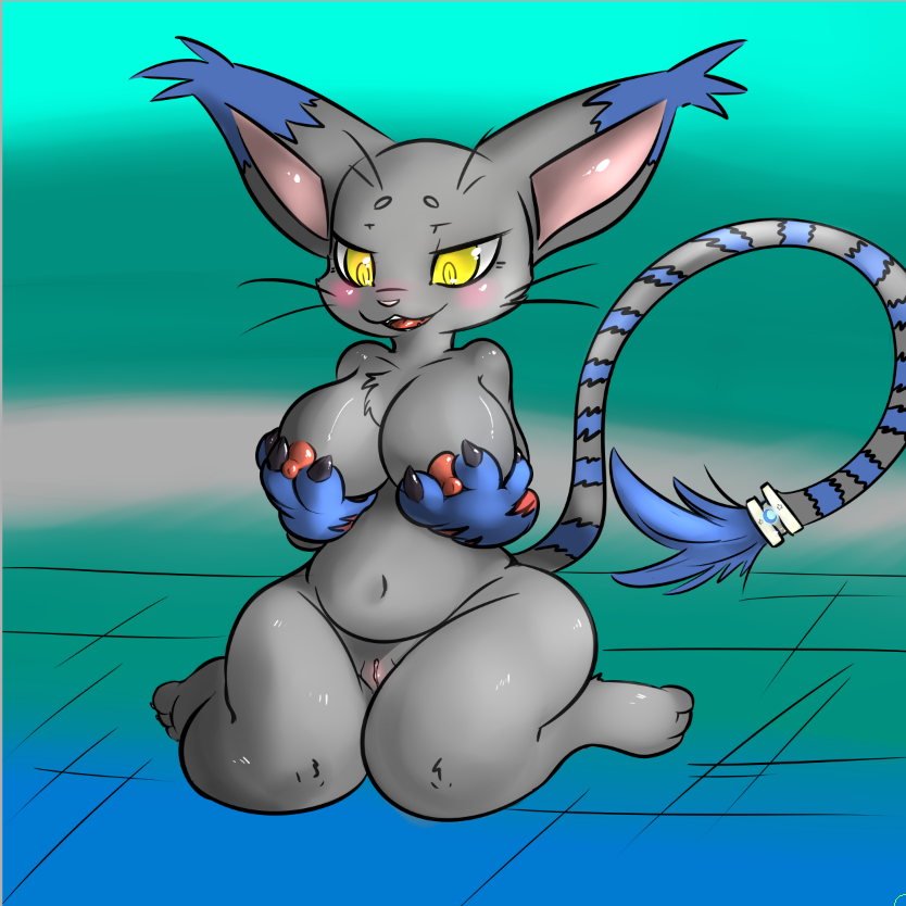 anthro blackgatomon blacktailmon blush breast_grab breast_squish breasts chest_tuft chubby digimon ear_tuft erect_nipples female fur furry furry_only grey_fur kemonoruka nipples nude pussy sitting smile solo thick_thighs tuft voluptuous wide_hips yellow_eyes