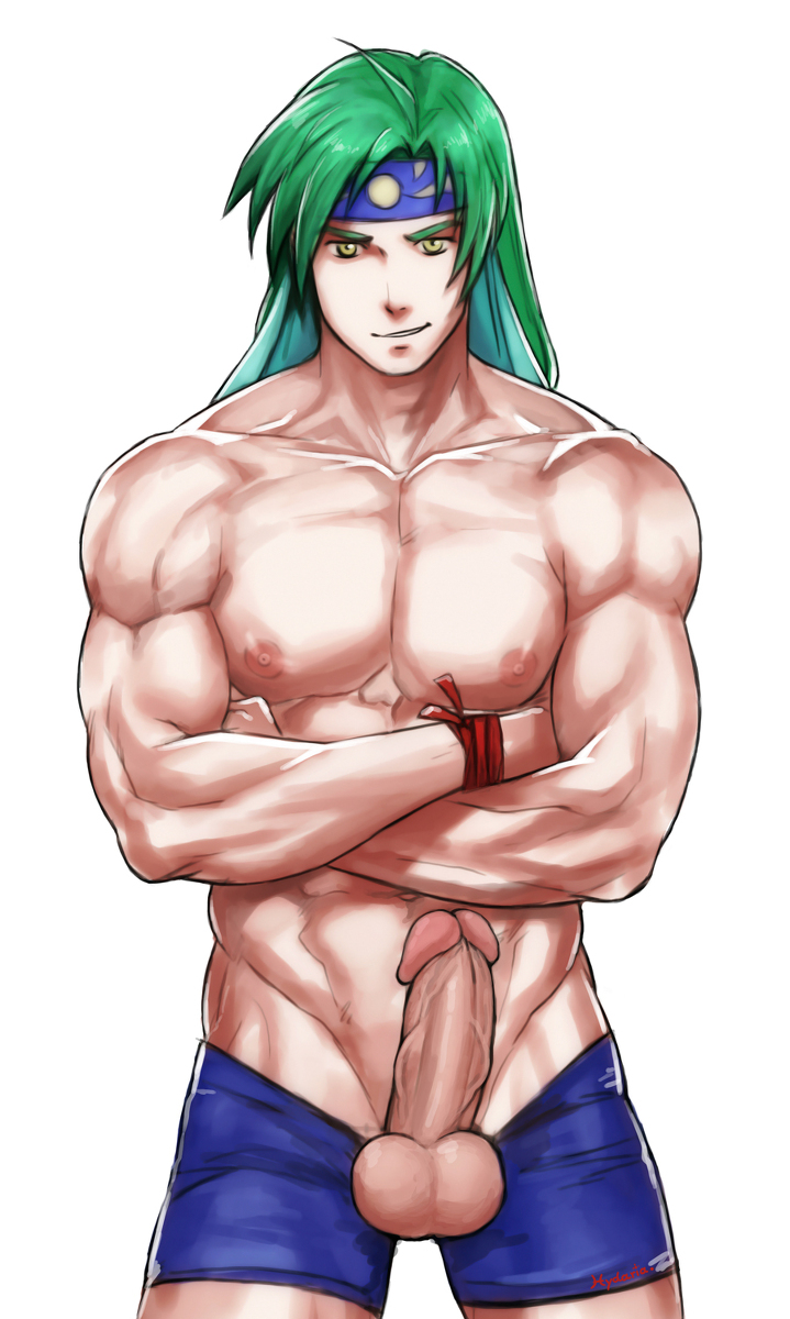 1boy abs bara briefs briefs_pull crossed_arms golden_sun green_hair hydaria male male_only muscle muscles nude pecs penis picard_(golden_sun) simple_background solo tagme testicles white_background yellow_eyes