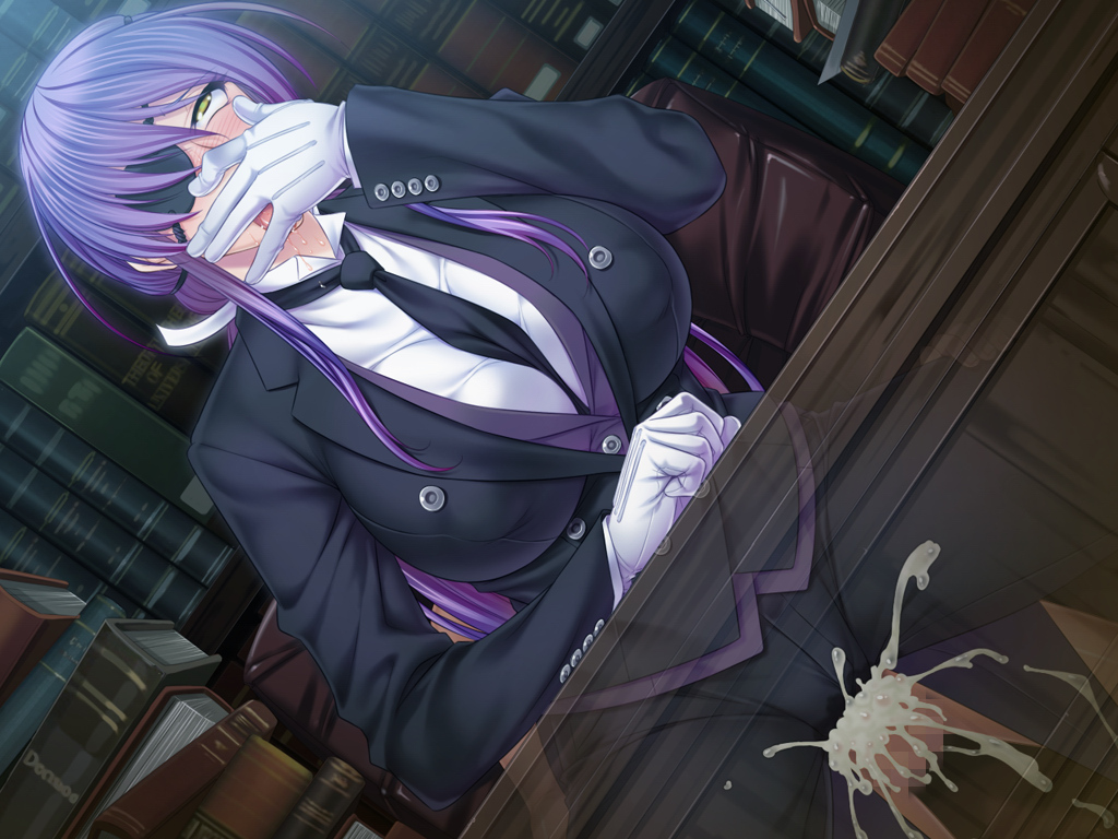 1boy black_lilith blush book breasts censored chair clothed_sex covering covering_mouth cowgirl_position cum cum_in_pussy desk erect_nipples eye_patch female formal game_cg gloves large_breasts long_hair necktie onmyou_kishi_towako open_mouth orgasm penetration penis purple_hair reverse_cowgirl_position saliva sex shiki_reika sitting sitting_on_person slq stealth_sex straight suit sweat table vaginal_penetration yellow_eyes