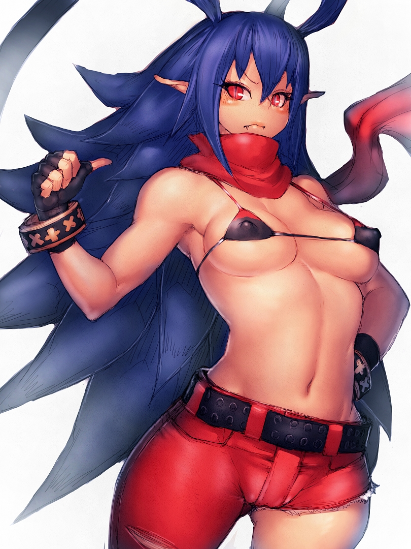 belt bikini_top blue_hair breasts cleavage disgaea disgaea_d2 female fingerless_gloves fumio_(rsqkr) gloves laharl laharl-chan long_hair micro_bikini navel nippon_ichi_software pointy_ears red_eyes rule_63 scarf shorts solo standing underboob