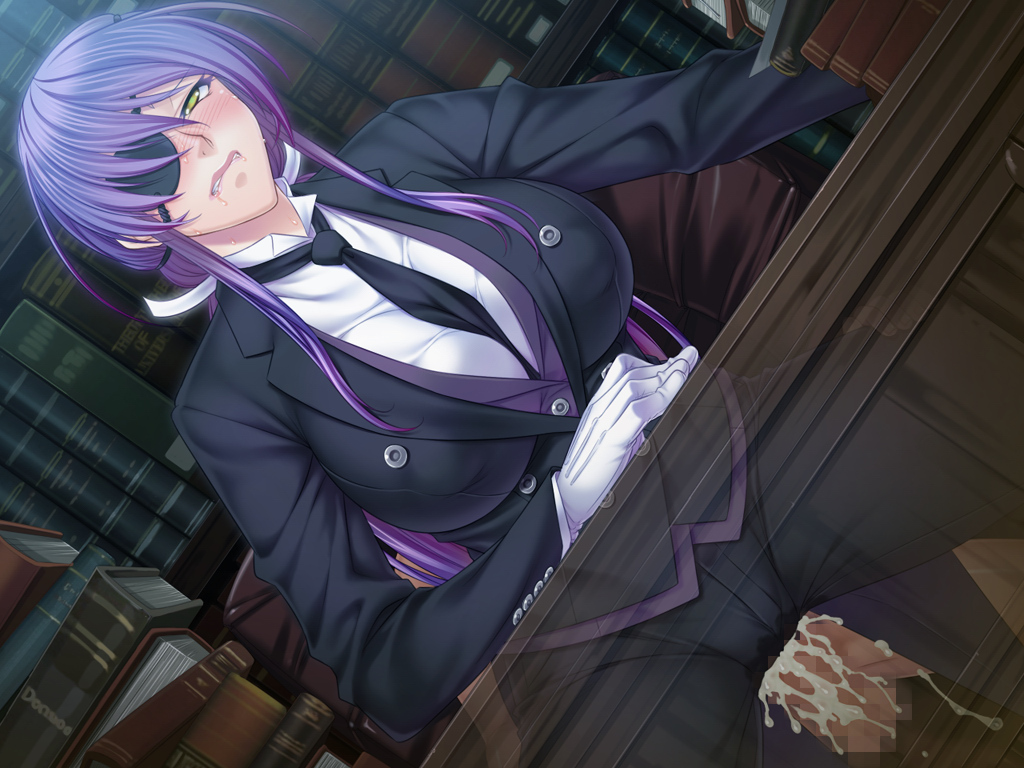 1boy, 1girls, 2d, after sex, all fours, anal through clothes, ass, ass grab, bitch, black hair, black lilith, blush, book, boots, breasts, butler, censored, chair, clothed sex, clothes as condom, cowgirl position, cum, cum in pussy, cum on clothes, demon, demon boy, desk, doggy style, erect nipples, eye patch, female, femsub, forced, forced in fabric, formal, game cg, gloves, hanging breasts, happy sex, huge ass, human, humansub, incubus, interspecies, kagami hirotaka, large breasts, lilith-soft, long hair, looking at viewer, looking back, loving it, male, maledom, mikio oe, mind break, nail polish, necktie, nipples, onmyou kishi towako, open mouth, orgasm, peeing, penetration, penetration through clothes, penis, prostitute, prostitution, purple hair, pussy, pussy juice, rape, red eyes, reverse cowgirl position, saliva, sex, sex slave, sex through clothes, shiki reika, sitting, sitting on person, slave, smile, standing, stealth sex, straight, suit, sweat, table, tailcoat, tears, vaginal penetration, yellow eyes, zol