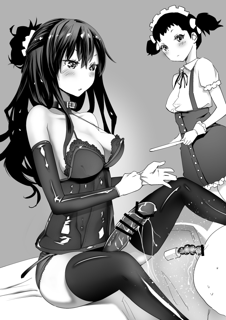 2girls after_sex anal_beads ass bar_censor breasts censored choker cleavage female femdom long_hair maid_cap maid_headdress monochrome multiple_girls penis plate shida_(ddfd) simple_background strap-on thighhighs