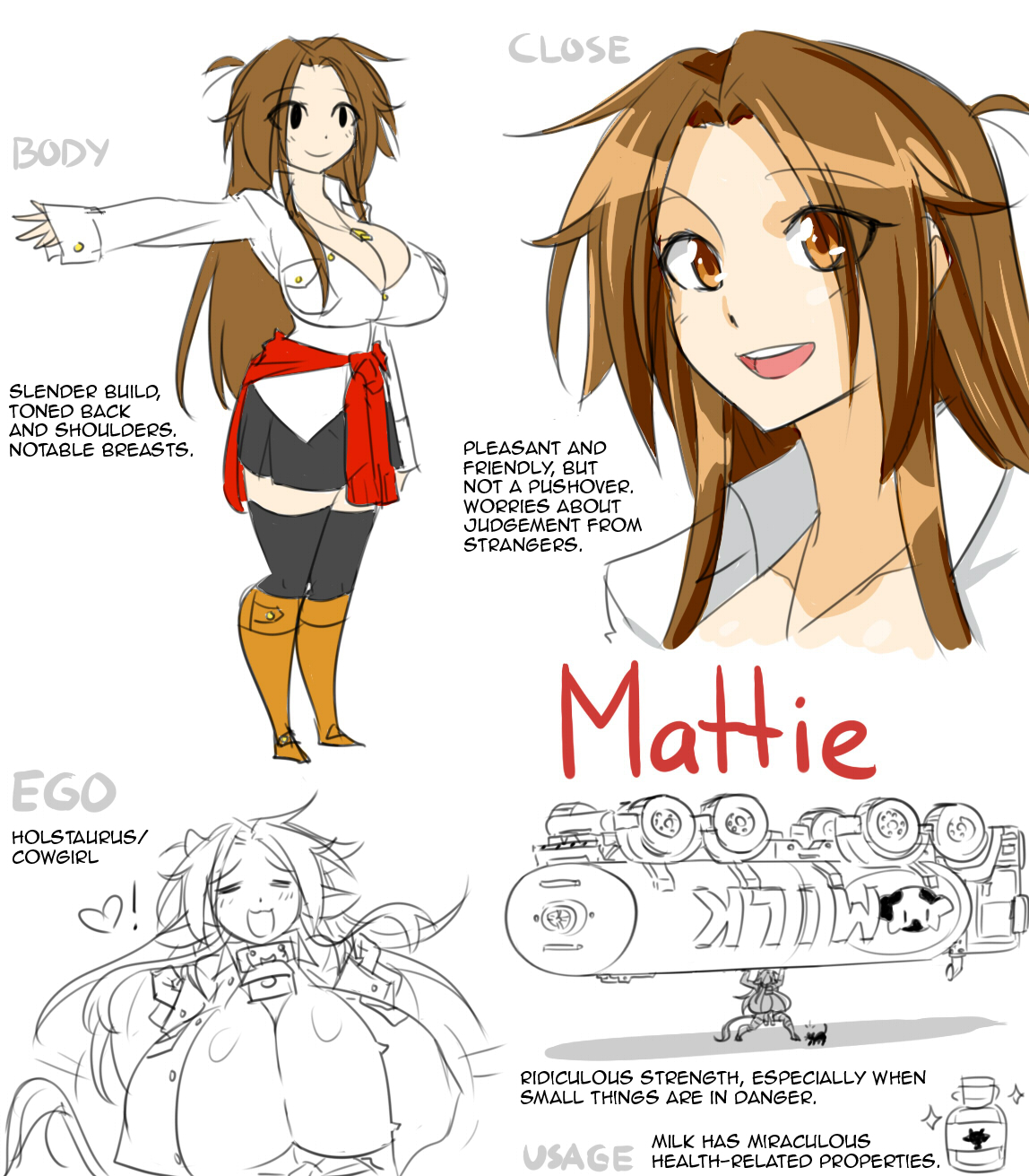 1girls, big breasts, breasts, cow ears, cow girl, cow horns, cow tail, female, female only, matsu-sensei, mattie (matsu-sensei), model sheet, solo, text