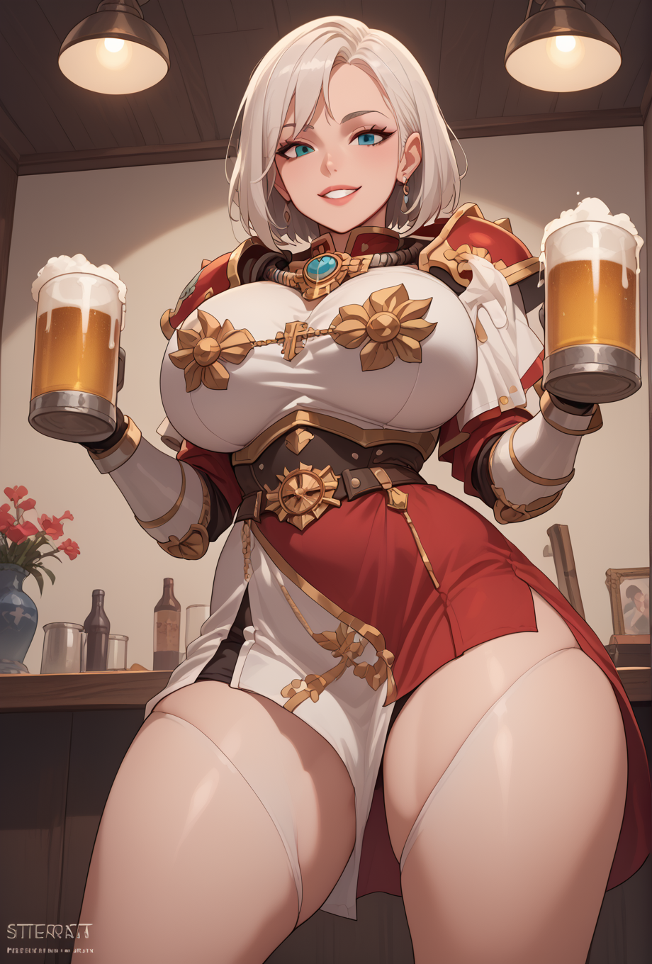 adepta_sororitas ai_generated armor ass big_breasts bitch breasts curvy dat_ass eteeming fat_ass female_only from_behind grabbing_ass holding_beer holding_beer_mug male_on_female moaning semen sex short_hair sister_of_battle spreading_ass thick_ass warhammer_(franchise) warhammer_40k wetting white_armor white_hair