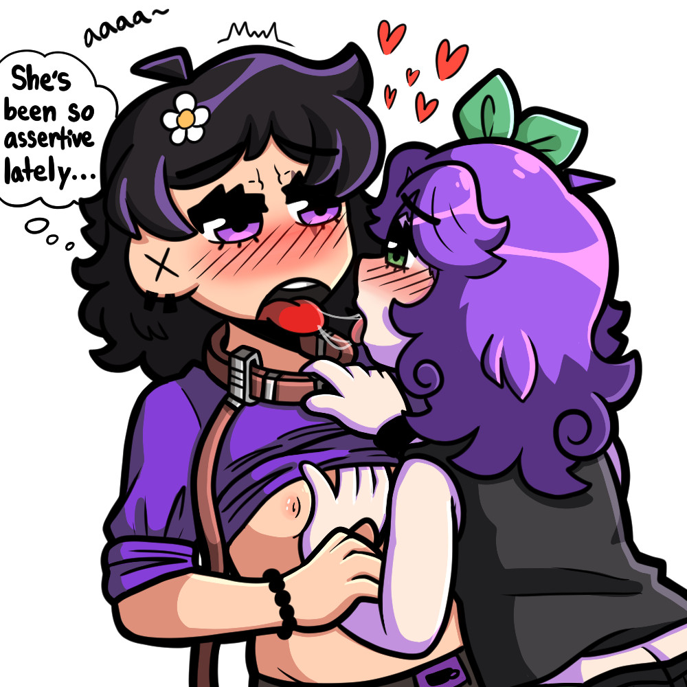 2girls, abigail (stardew valley), ass, ass crack, black hair, breasts, breasts out, collar, eye scar, farmer (stardew valley), female, flower, hairbow, ikeychain, purple hair, stardew valley, tagme, tongue, tongue kiss, tongue out, trans woman, transfem