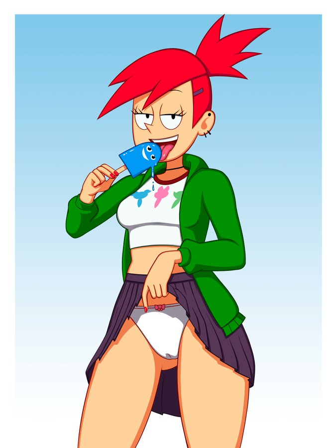 1girls artist_request cartoon_network ear_piercings foster's_home_for_imaginary_friends frankie_foster lifting_skirt looking_at_viewer popsicle red_hair tongue_out