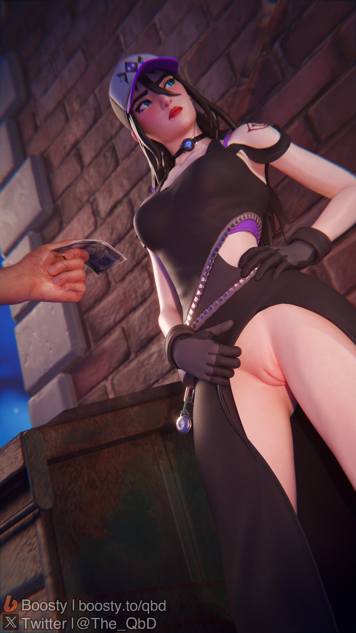 alternate_version blush choker clothed clothed_female clothing female_focus flashing flashing_pussy fortnite frown gloves hat looking_away mostly_clothed mostly_clothed_female offering_money presenting presenting_pussy pussy shiny shiny_clothes shiny_hair shiny_skin spirit_hunter_saeko_(fortnite) tattoo tattoos the_qbd