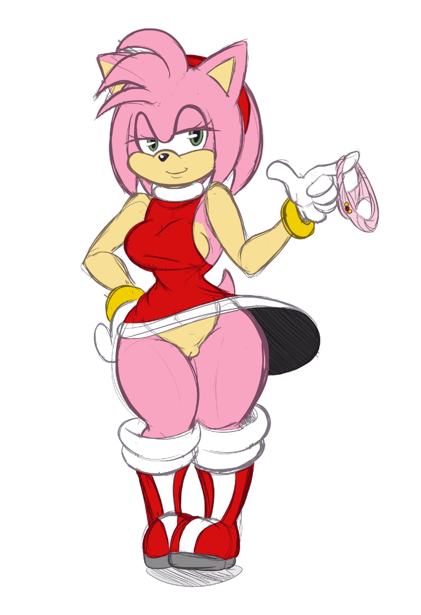 amy_rose anthro bottomless breasts clothed clothing female half-dressed hedgehog looking_at_viewer mammal pussy seth65 smile solo sonic_(series) twindrills