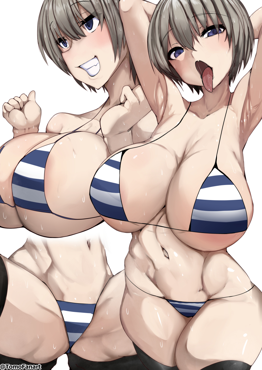 ahe_gao ahegao_face armpits arms_behind_back arms_behind_head arms_up ass ass_focus big_breasts bikini bikini_bottom bikini_top blue_eyes breasts oiled oiled_body oiled_skin pinup short_hair silver_hair thighhighs thighs tomodachi_(tomofanart) tongue tongue_out uzaki-chan_wa_asobitai! uzaki_hana