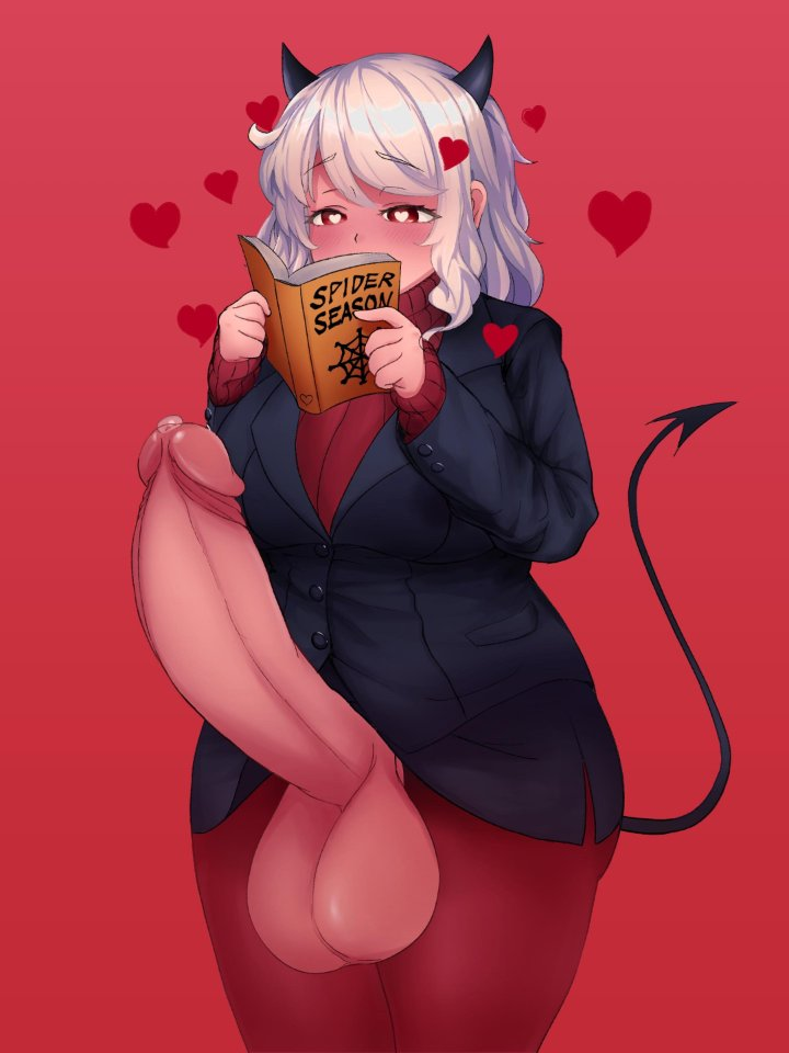 black_dress breasts clothes_lift demon demon_girl demon_horns dress erection foreskin futanari helltaker horns large_breasts large_penis minishell modeus_(helltaker) penis red_eyes skirt skirt_lift