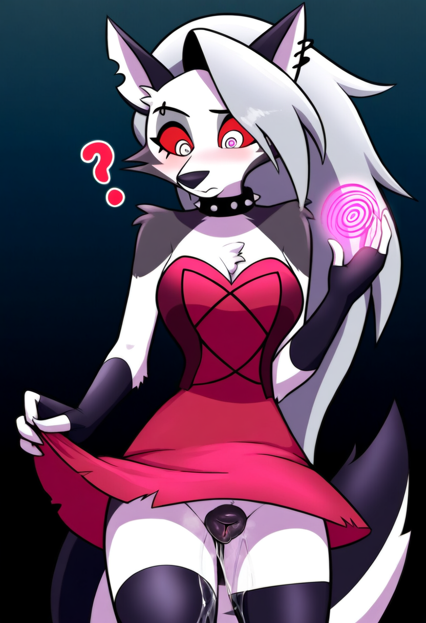 ai_generated anthro anthro_only canine_pussy cookie-girl ear_piercing excessive_pussy_juice eyebrow_piercing grey_fur hypnosis loona_(helluva_boss) mind_control question_mark questionable_consent red_dress red_eyes simple_background spiked_collar spiral_eyes tail upskirt upskirt_view white_fur white_hair wolf_ears wolf_girl wolf_humanoid wolf_tail