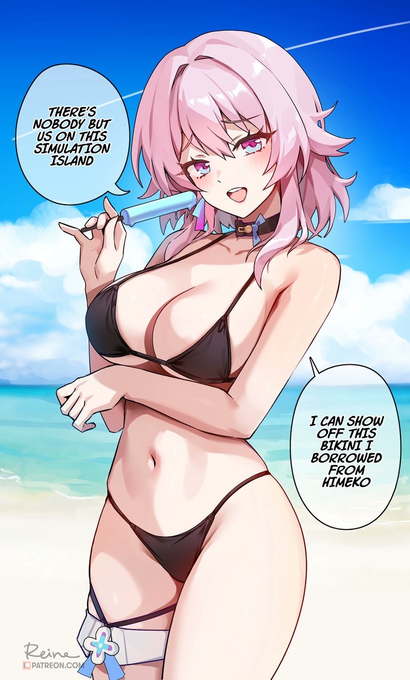 1girls 2024 2d beach big_breasts black_bikini blue_eyes choker dialogue english_text hi_res honkai:_star_rail honkai_(series) hoyoverse march_7th_(honkai:_star_rail) pink_hair short_hair speech_bubble text thighs