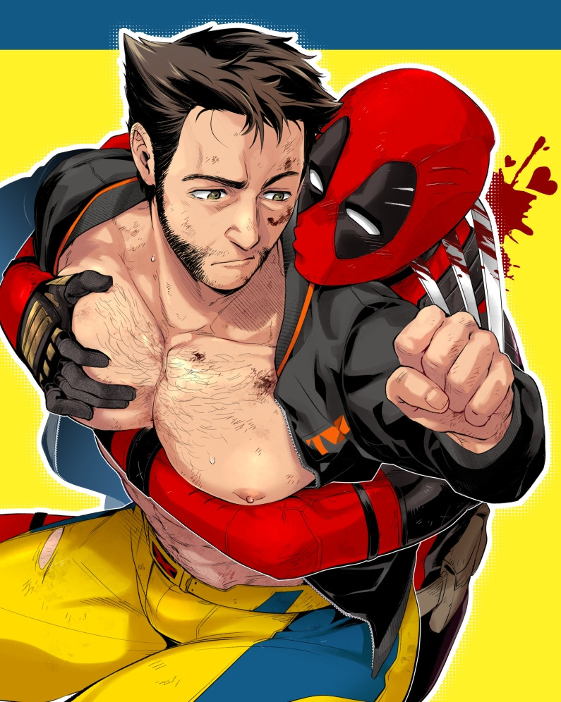 2boys abs arm_hair bara beard belt blood blush bodysuit brown_hair chest_hair claw_(weapon) clenched_hand closed_mouth deadpool deadpool_&_wolverine_(2024) facial_hair gay gloves green_eyes jacket james_howlett large_pectorals logan_(x-men) long_sleeves marvel marvel_cinematic_universe mask mature_male multiple_boys muscular muscular_male navel nipples pectoral_grab pectorals puckered_lips red_bodysuit red_mask short_hair stab sweat torn_bodysuit torn_clothes wade_wilson wakatobi_chakku weapon wolverine_(x-men) x-men yaoi