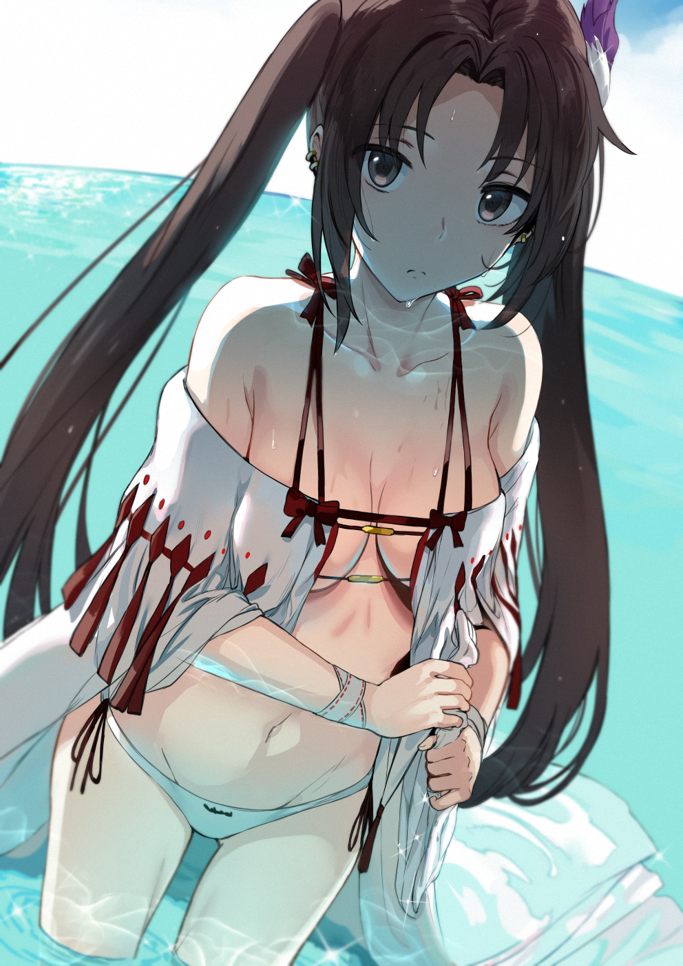 bare_belly bare_legs bare_shoulders bare_thighs belly_button bikini breasts brown_eyes brown_hair cleavage closed_mouth collarbone earrings fate/grand_order fate_(series) groin hair_ornament hews_hack long_hair medium_breasts ocean off_shoulder open_clothes outdoors robe thighs twintails water wet_body wet_hair white_bikini yu_mei-ren_(fate) yu_mei-ren_(swimsuit_lancer)