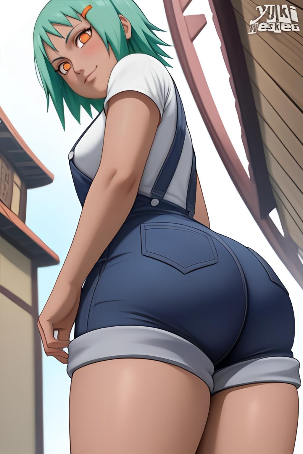 1girls ai_generated ass ass_focus big_ass clothed female female_only fuu_(naruto) green_hair low-angle_view naruto_shippuden orange_eyes overalls solo tagme teal_hair thick_thighs