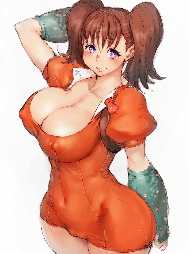 1girls breasts brown_hair brunette busty cameltoe cleavage diane_(nanatsu_no_taizai) dress erect_nipples female female_only fumio_(rsqkr) hourglass_figure large_breasts nanatsu_no_taizai nipple_bulge purple_eyes solo standing tied_hair twintails voluptuous