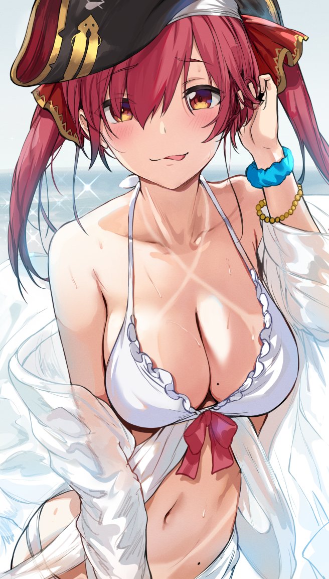 artistic_error bare_belly bare_shoulders belly_button big_breasts bikini bikini_tan blush bracelet breasts cleavage collarbone hair_ribbon hews_hack hololive houshou_marine jacket licking_own_lips mole mole_on_breast mole_on_stomach outdoors pirate_hat red_eyes red_hair scrunchie tanline tongue tongue_out twintails white_bikini