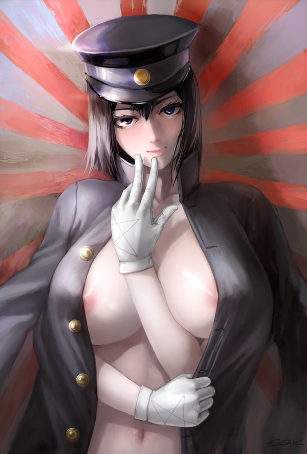 akitsu_maru_(kantai_collection) areola_slip areolae black_hair breasts come_hither female gloves hat huge_breasts kantai_collection lips looking_at_viewer military military_uniform nipples no_bra open_clothes open_shirt pale_skin peaked_cap sgk shirt short_hair solo uniform upper_body