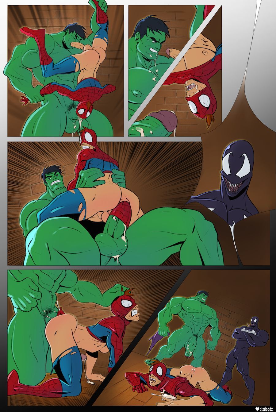 3boys, anal, anal penetration, anal sex, ass, balls, ballsack, bara, barazoku, black hair, brown hair, choking, comic, cum, cum in mouth, dizdoodz, fingering, fingering partner, forced, gay, gay male, gay sex, green skin, huge ass, hulk, hulk (series), impossible fit, jerking, jerking off, kissing, licking penis, male, male only, male penetrating male, male/male, marvel, marvel comics, masked, masked male, no dialogue, oral, oral sex, peter parker, pounding, questionable consent, raping ass, size difference, small waist, spider-man, spider-man (series), squeezing penis, superhero, v-taper, venom (marvel), wide shoulders